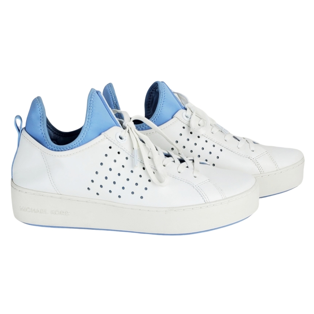 New Michael kors ace lace up lasered leather sneakers white pale blue - Picture 6 of 15